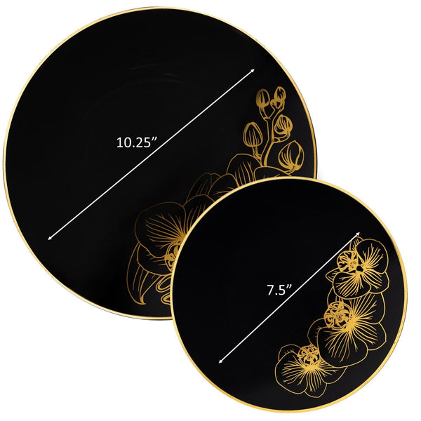 32 Piece Combo Black and Gold Round Plastic Dinnerware Set (16 Servings) - Orchid