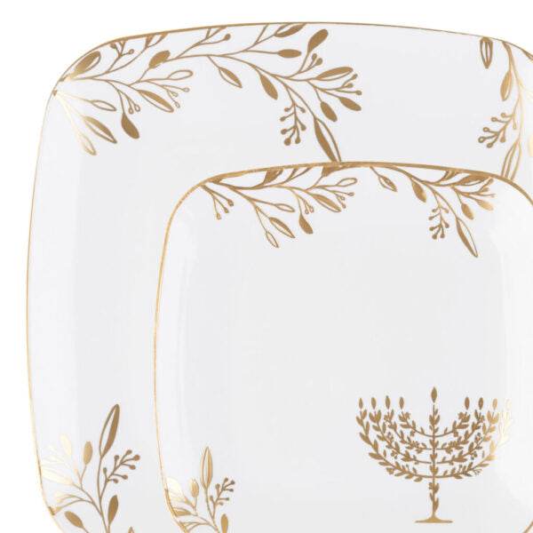 20 Piece Combo White and Gold Square Plastic Dinnerware Set 10" and 7.25" (10 Servings) - Chanukah