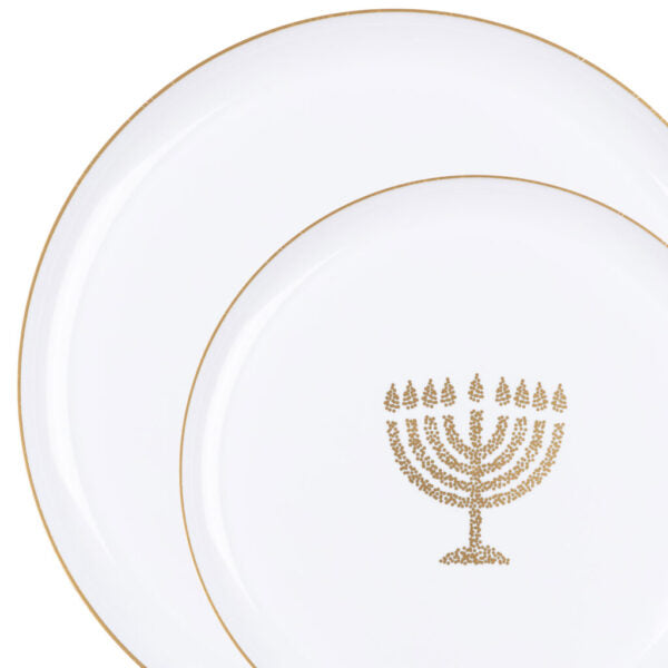 20 Piece Combo White and Gold Round Plastic Dinnerware Set 10.6" and 8.6" (10 Servings) - Chanukah