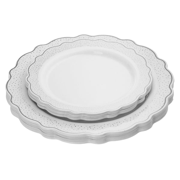 White and Silver Round Plastic Dinnerware value set (20 Servings) - Confetti - Posh Setting