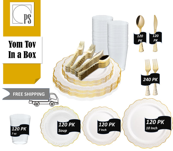 White and Gold/Silver Round Plastic Wedding Value Set (120 Servings) - Confetti