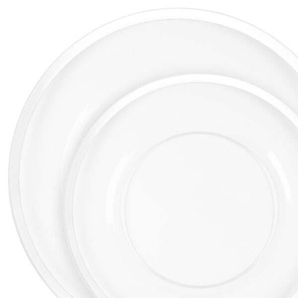 32 Pack Clear and White Rim Plastic Dinnerware Set (16 Guests) - Contrast