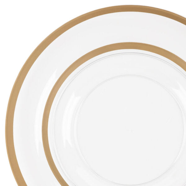 32 Pack Clear and Gold Rim Plastic Dinnerware Set (16 Guests) - Contrast
