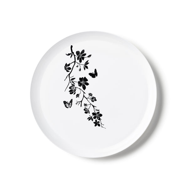 White and Black Round Plastic Plates - Garden Edge