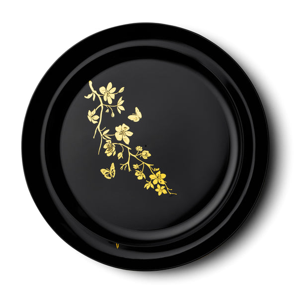 20 Pack Black and Gold Round Plastic Dinnerware Set (10 Guests) - Garden Edge