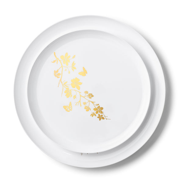 20 Pack White and Gold Round Plastic Dinnerware Set (10 Guests) - Garden Edge