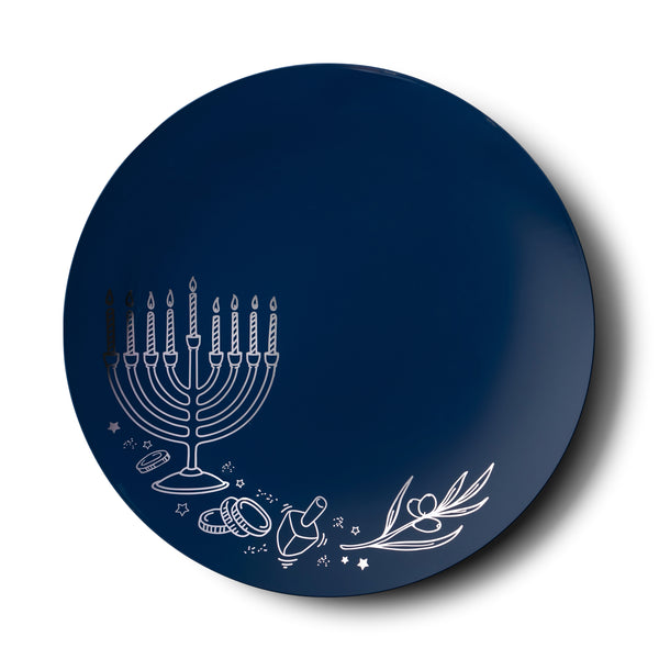 32 Piece Combo Royal Blue and Silver Round Plastic Dinnerware Set 10.25" and 7.5" (16 Servings) - Chanukah