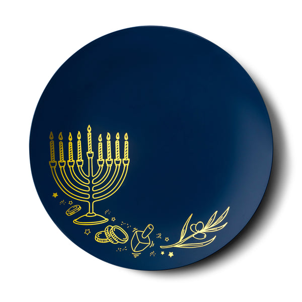 32 Piece Combo Royal Blue and Gold Round Plastic Dinnerware Set 10.25" and 7.5" (16 Servings) - Chanukah