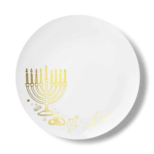 32 Piece Combo White and Gold Round Plastic Dinnerware Set 10.25" and 7.5" (16 Servings) - Chanukah