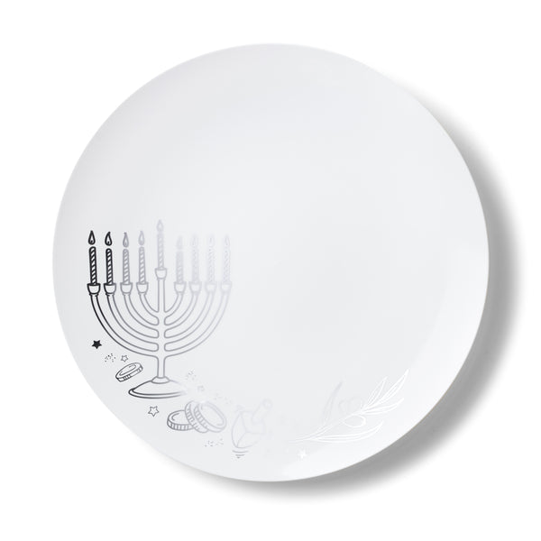 32 Piece Combo White and Silver Round Plastic Dinnerware Set 10.25" and 7.5" (16 Servings) - Chanukah