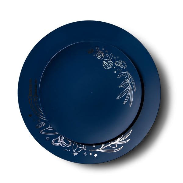 Royal Blue and Silver Round Plastic Plates 10 Pack - Chanukah