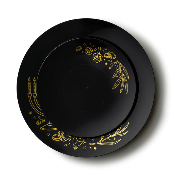 32 Piece Combo Black and Gold Round Plastic Dinnerware Set 10.25" and 7.5" (16 Servings) - Chanukah