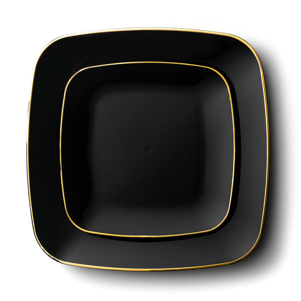 32 Pack Black and Gold Square Plastic Dinnerware Set (16 Guests) - Classic Square