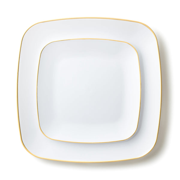 32 Pack White and Gold Square Plastic Dinnerware Set (16 Guests) - Classic Square
