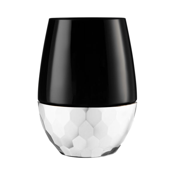 Black Stemless Wine Goblets with Hammered Silver Design