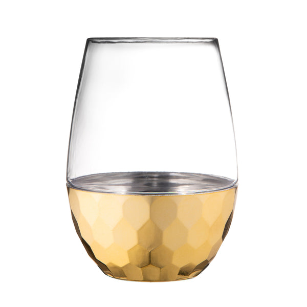Clear Stemless Wine Goblets with Hammered Gold Design 