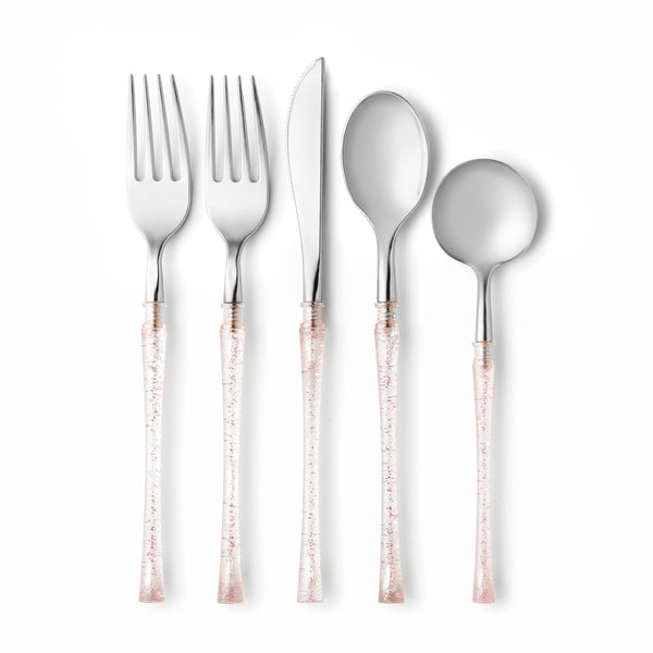 Rose Gold Glitter and Silver Flatware Set