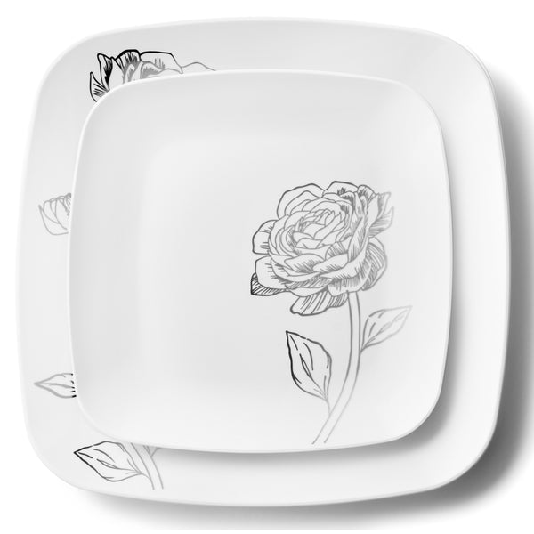 32 Piece Combo White and Silver Square Plastic Dinnerware Set (16 Servings) - Peony
