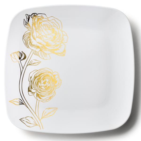 White and Gold Square Plastic Plates - Peony