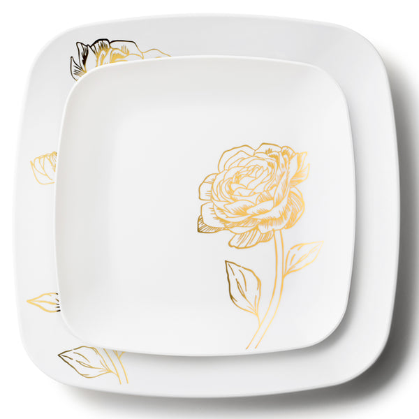 32 Piece Combo White and Gold Square Plastic Dinnerware Set (16 Servings) - Peony