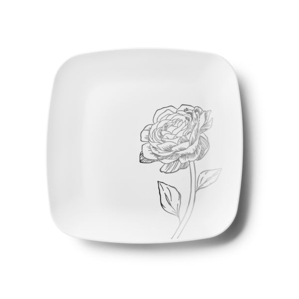 White and Silver Square Plastic Plates - Peony