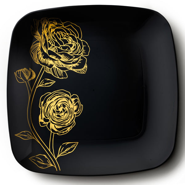 32 Piece Combo Black and Gold Square Plastic Dinnerware Set (16 Servings) - Peony