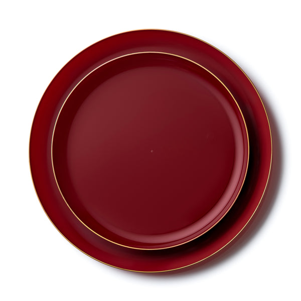 20 Pack Cranberry and Gold Round Plastic Dinnerware Set (10 Guests) - Edge