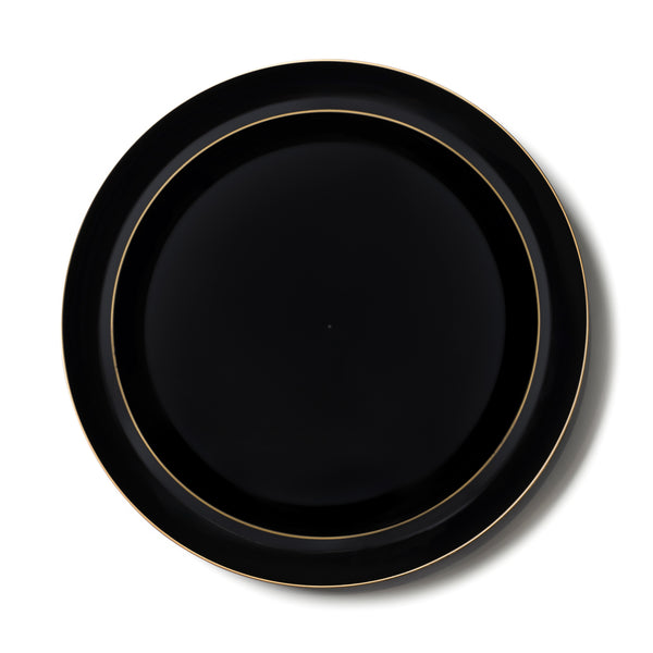 20 Pack Black and Gold Round Plastic Dinnerware Set (10 Guests) - Edge