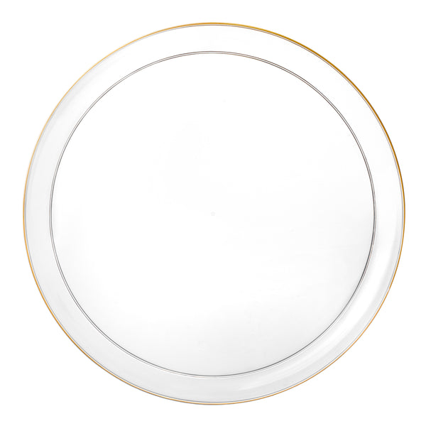 20 Pack Clear and Gold Round Plastic Dinnerware Set (10 Guests) - Edge