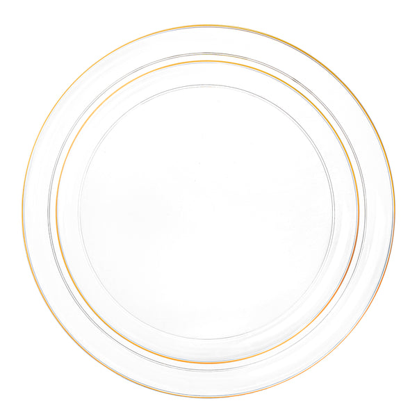 20 Pack Clear and Gold Round Plastic Dinnerware Set (10 Guests) - Edge