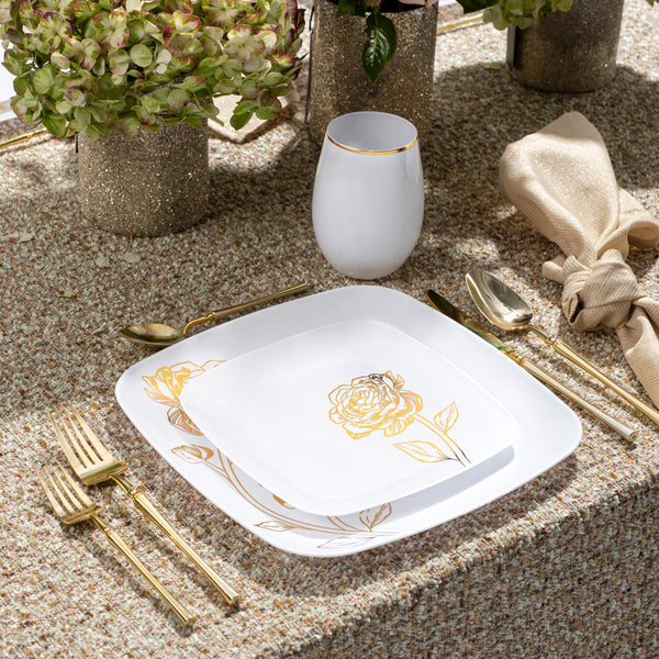White and Gold Square Plastic Plates - Peony