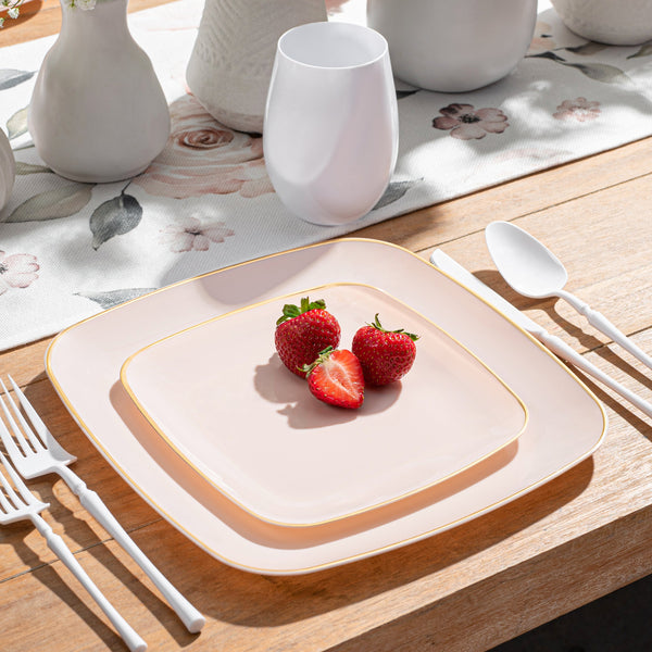 32 Pack Pink and Gold Square Plastic Dinnerware Set (16 Guests) - Classic Square