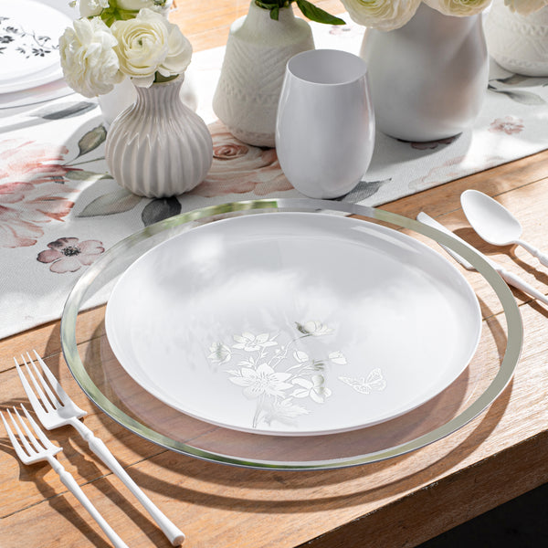 20 Pack White and Silver Round Plastic Dinnerware Set (10 Guests) - Garden Edge