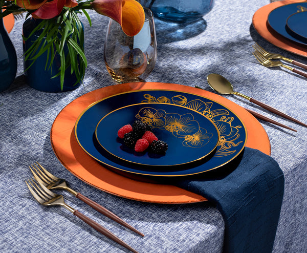 Royal Blue and Gold Round Plastic Dinnerware Set