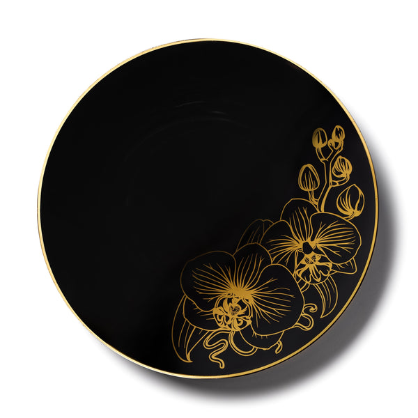 32 Piece Combo Black and Gold Round Plastic Dinnerware Set (16 Servings) - Orchid