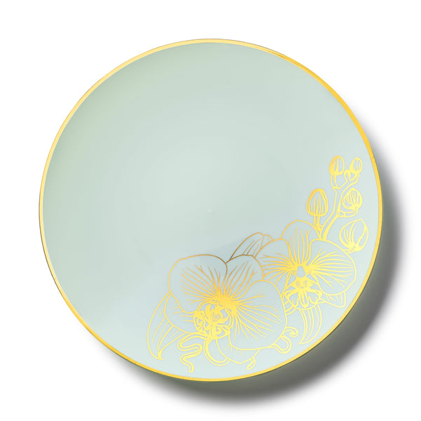 32 Piece Combo Antique Turquoise and Gold Round Plastic Dinnerware Set (16 Servings) - Orchid