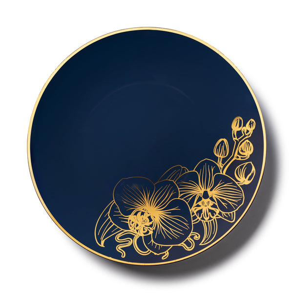 Royal Blue and Gold Round Plastic Dinnerware Set