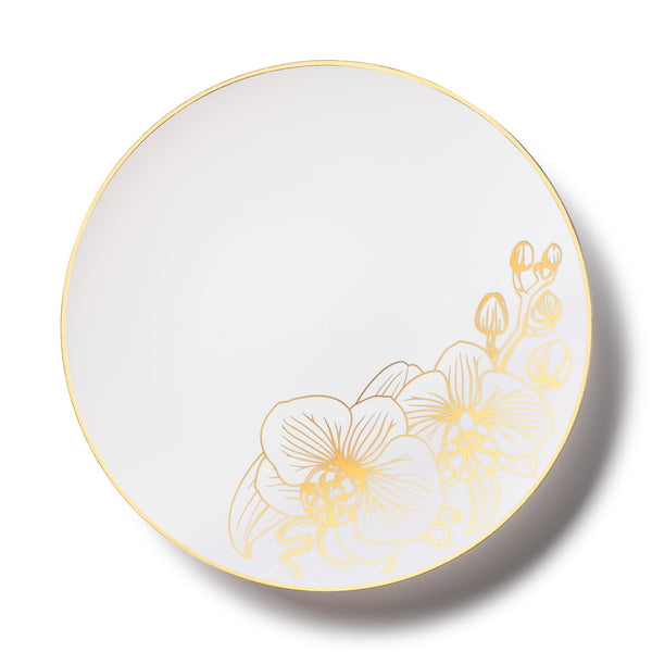 White and Gold Round Plastic Plates - Orchid