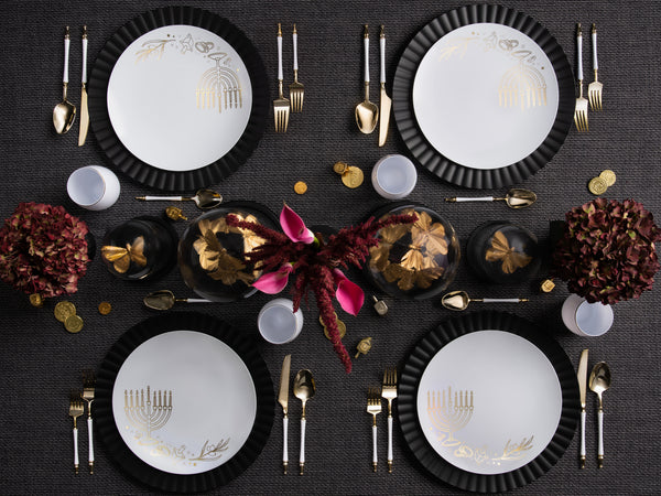 32 Piece Combo White and Gold Round Plastic Dinnerware Set 10.25" and 7.5" (16 Servings) - Chanukah
