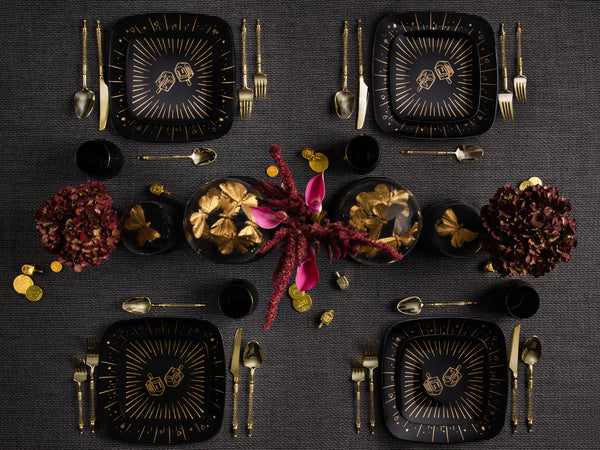 32 Piece Combo Black and Gold Square Plastic Dinnerware Set 10" and 7.25" (16 Servings) - Chanukah