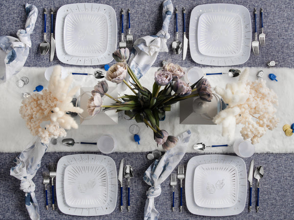 32 Piece Combo White and Silver Square Plastic Dinnerware Set 10" and 7.25" (16 Servings) - Chanukah