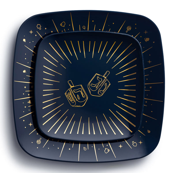 32 Piece Combo Blue and Gold Square Plastic Dinnerware Set 10" and 7.25" (16 Servings) - Chanukah