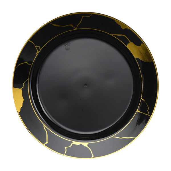 40 Pack Black and Gold Round Plastic Dinnerware Value Set (20 Guests) - Marble