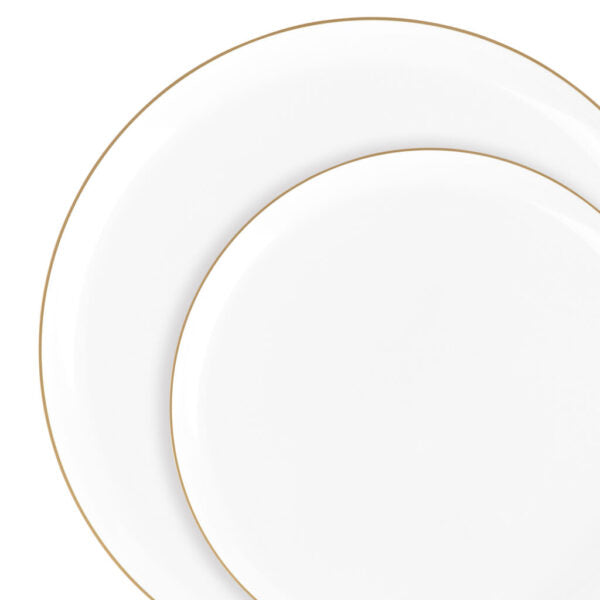 20 Pack White and Gold Round Plastic Dinnerware Set (10 Guests) - Edge