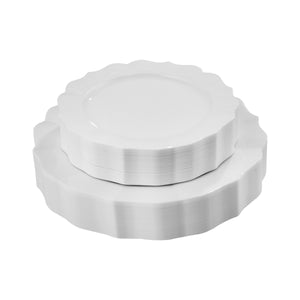40 Pack White Round Plastic Dinnerware Value Set - Scalloped (20 Guests) - Posh Setting
