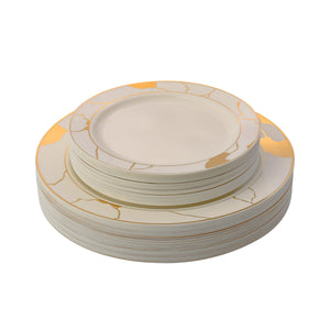 40 Pack Cream and Gold Round Plastic Dinnerware Value Set - Marble (20 Guests) - Posh Setting