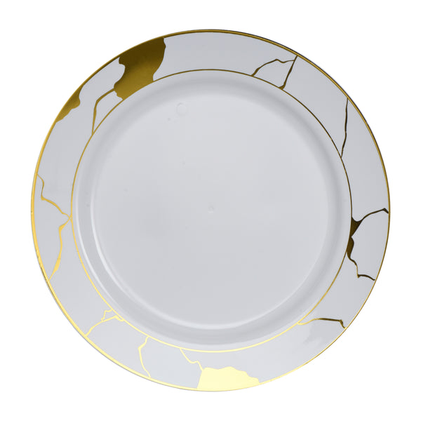 40 Pack White and Gold Round Plastic Dinnerware Value Set (20 Guests) - Marble