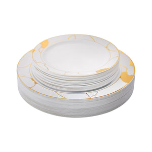 40 Pack White and Gold Round Plastic Dinnerware Value Set - Marble (20 Guests) - Posh Setting