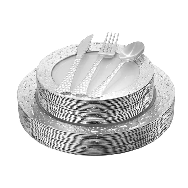 100 Piece White and Silver Round Plastic Dinnerware and Silverware value set (20 Servings) - Ros'ee - Posh Setting