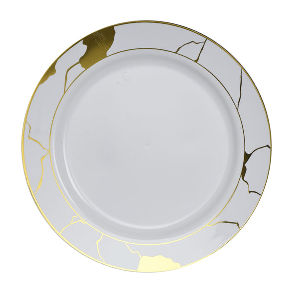 10.25 Inch White and Gold Round Plastic Dinner Plate - Marble - Posh Setting